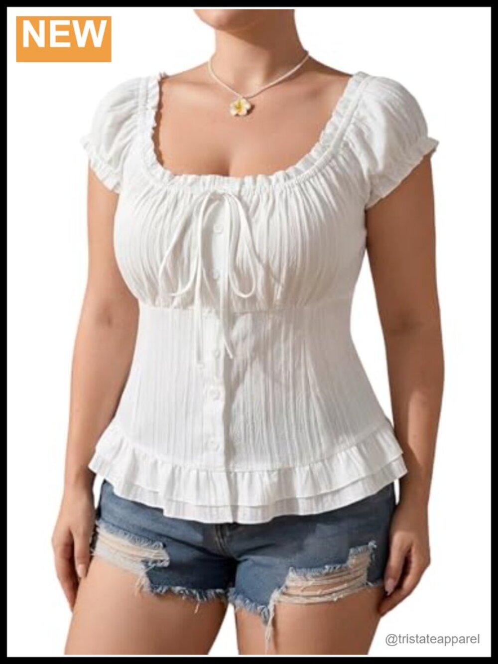 Plus Size Puff Sleeve Tie Front Babydoll Button Top Soft Stretch Blouse